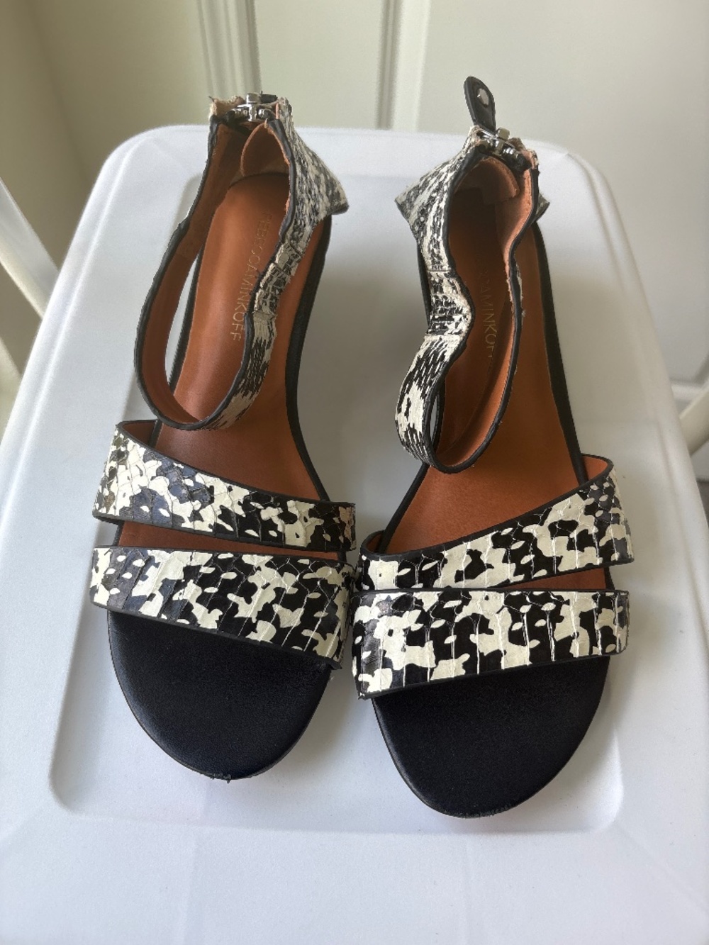 Rebecca Minkoff Black and White Wedge Sandal.